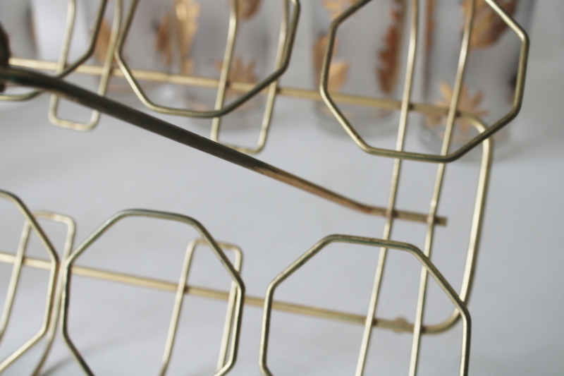 photo of MCM wire caddy drinking glasses w/ carrier rack, Libbey golden foliage highballs set of 8 #6
