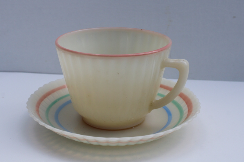 photo of MacBeth Evans Monax opalescent white pastel band petalware cup & saucer set, vintage depression glass  #1