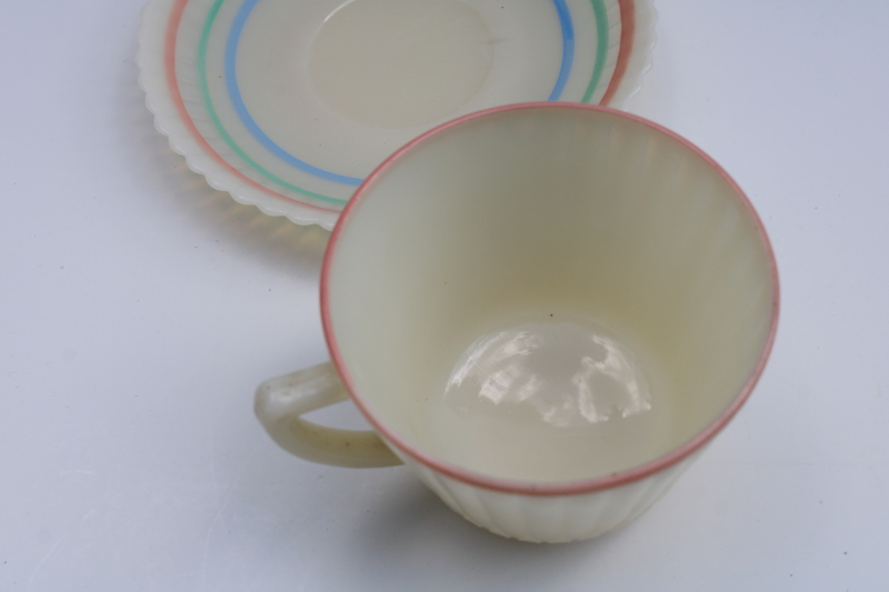 photo of MacBeth Evans Monax opalescent white pastel band petalware cup & saucer set, vintage depression glass  #2