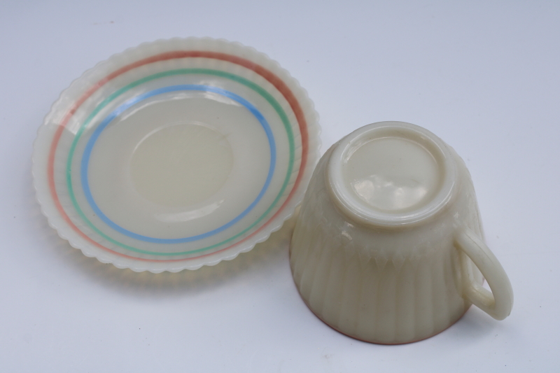 photo of MacBeth Evans Monax opalescent white pastel band petalware cup & saucer set, vintage depression glass  #3