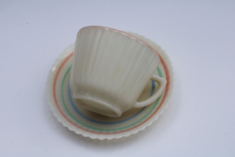 photo of MacBeth Evans Monax opalescent white pastel band petalware cup & saucer set, vintage depression glass  #6