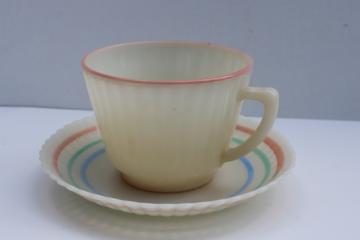 MacBeth Evans Monax opalescent white pastel band petalware cup & saucer set, vintage depression glass 