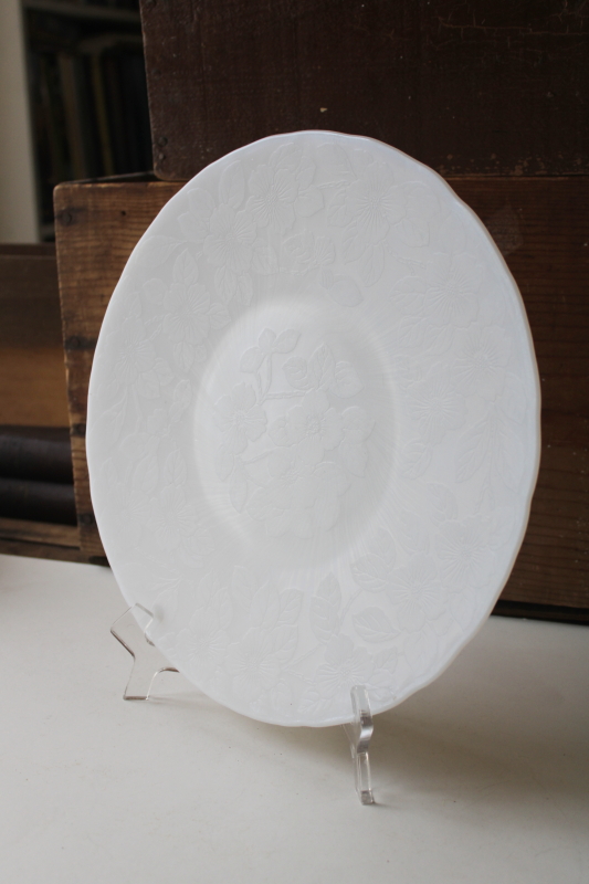 photo of MacBeth Evans dogwood depression glass, Monax milk white opal glass round tray cake plate #1