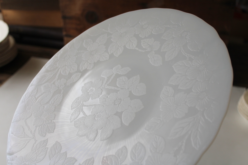 photo of MacBeth Evans dogwood depression glass, Monax milk white opal glass round tray cake plate #2