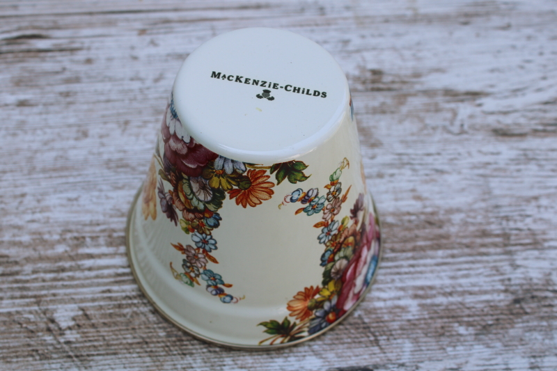 photo of MacKenzie Childs Flower Market planter pot or metal vase, white w/ floral print  #3