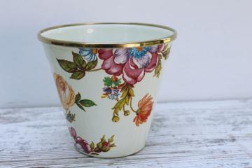 catalog photo of MacKenzie Childs Flower Market planter pot or metal vase, white w/ floral print 