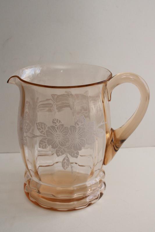 photo of Macbeth Evans dogwood 1930s vintage pink depression glass pitcher w/ flowers #1