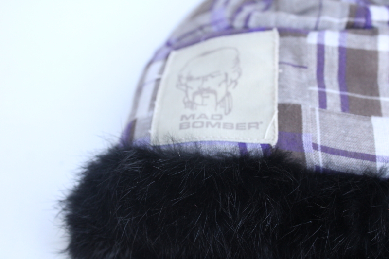 photo of Mad Bomber trapper hat, real fur lined winter hat w/ ear flaps, purple plaid cotton fabric #2