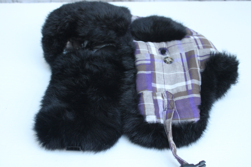 photo of Mad Bomber trapper hat, real fur lined winter hat w/ ear flaps, purple plaid cotton fabric #5