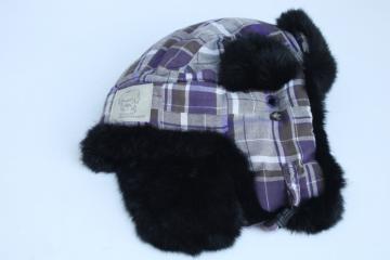 Mad Bomber trapper hat, real fur lined winter hat w/ ear flaps, purple plaid cotton fabric 