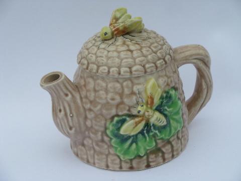 photo of Made in Japan vintage ceramic beehive tea set, teapot, cream & sugar w/ bees #2