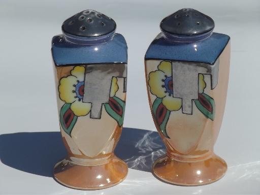 photo of Made in Japan vintage hand-painted luster china, tall S&P shakers set #1