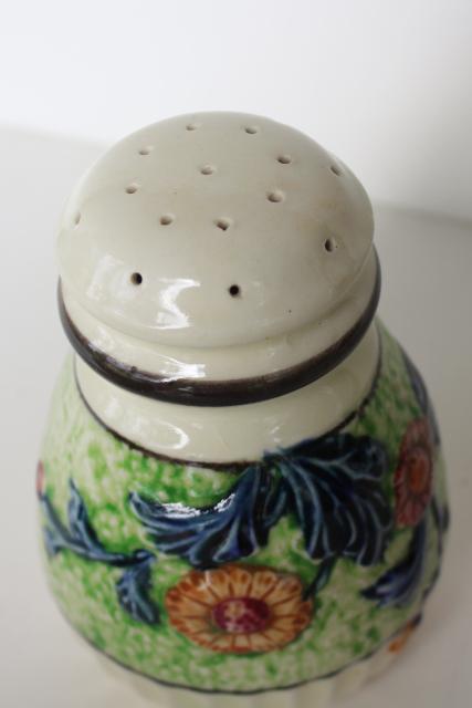 photo of Made in Japan vintage majolica style sugar or salt shaker, tiny daisy or chrysanthemum #2