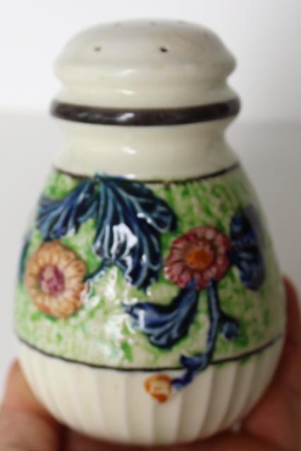 photo of Made in Japan vintage majolica style sugar or salt shaker, tiny daisy or chrysanthemum #5