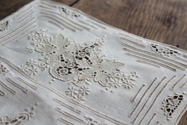 photo of Madeira hand embroidered linen placemats w/ drawn work, padded satin stitch embroidery #2