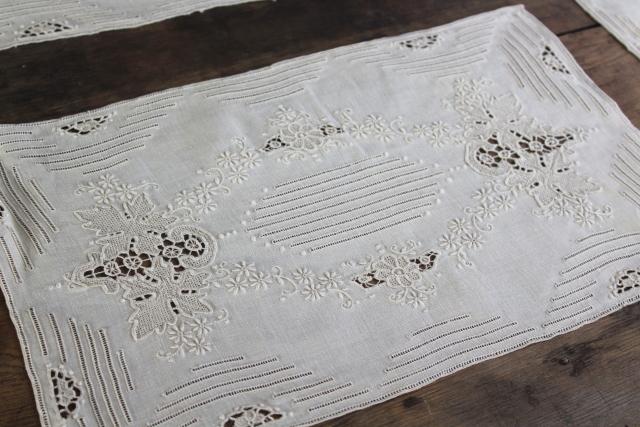 photo of Madeira hand embroidered linen placemats w/ drawn work, padded satin stitch embroidery #4