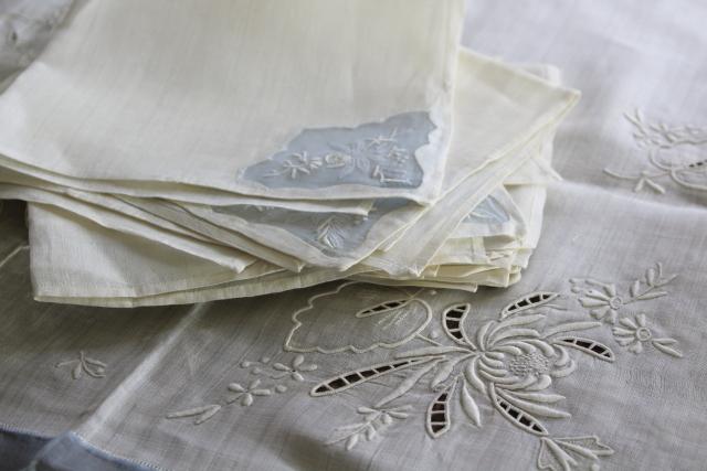 photo of Madeira vintage embroidered cotton banquet tablecloth & 12 napkins, wedding blue & white #1