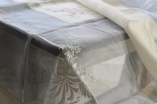 photo of Madeira vintage embroidered cotton banquet tablecloth & 12 napkins, wedding blue & white #5