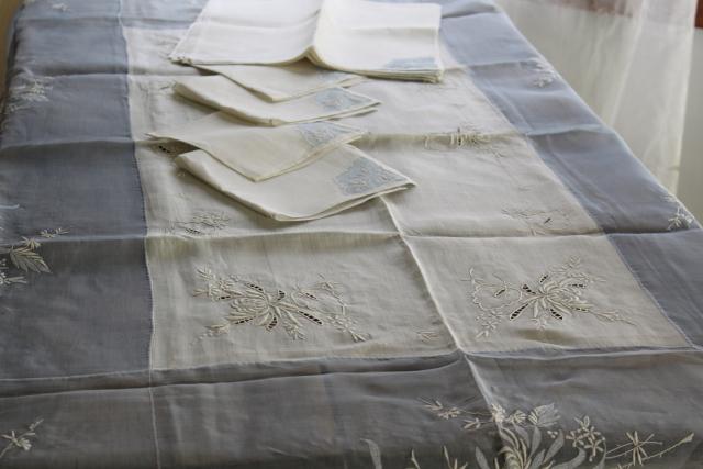 photo of Madeira vintage embroidered cotton banquet tablecloth & 12 napkins, wedding blue & white #14