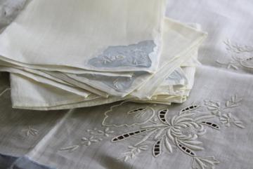 catalog photo of Madeira vintage embroidered cotton banquet tablecloth & 12 napkins, wedding blue & white