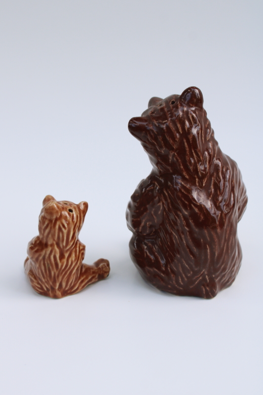 photo of Madison Ceramic Arts vintage pottery salt & pepper shakers, brown grizzly bear figurines mama bear & cub  #3