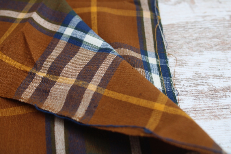 photo of Madras cotton plaid shirting, vintage fabric, copper brown gold navy blue woven plaid #2