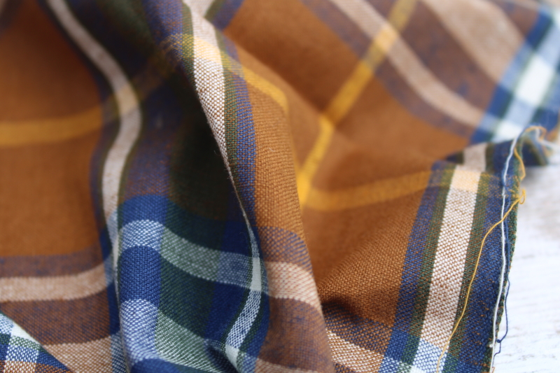 photo of Madras cotton plaid shirting, vintage fabric, copper brown gold navy blue woven plaid #3