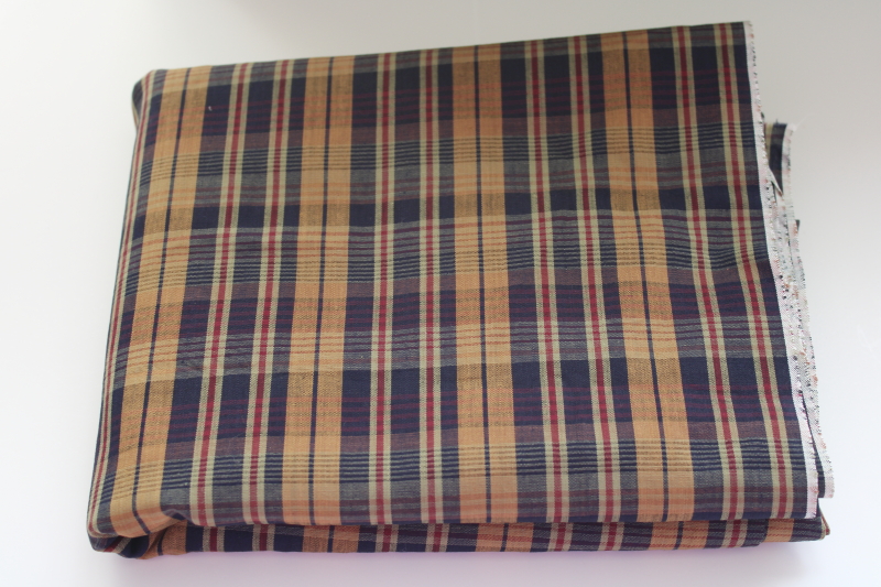 photo of Madras plaid navy blue & brown vintage cotton fabric, soft light shirting 36 #1