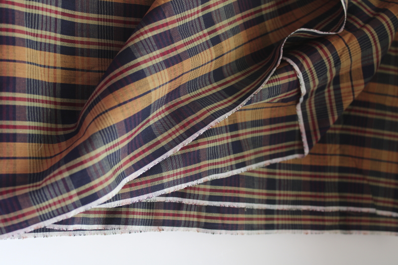 photo of Madras plaid navy blue & brown vintage cotton fabric, soft light shirting 36 #2