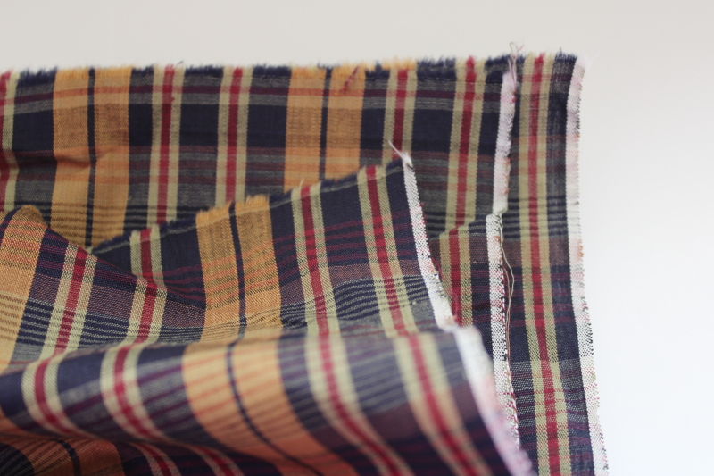 photo of Madras plaid navy blue & brown vintage cotton fabric, soft light shirting 36 #3