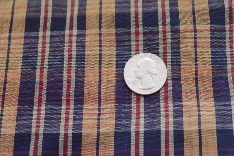 photo of Madras plaid navy blue & brown vintage cotton fabric, soft light shirting 36 #4