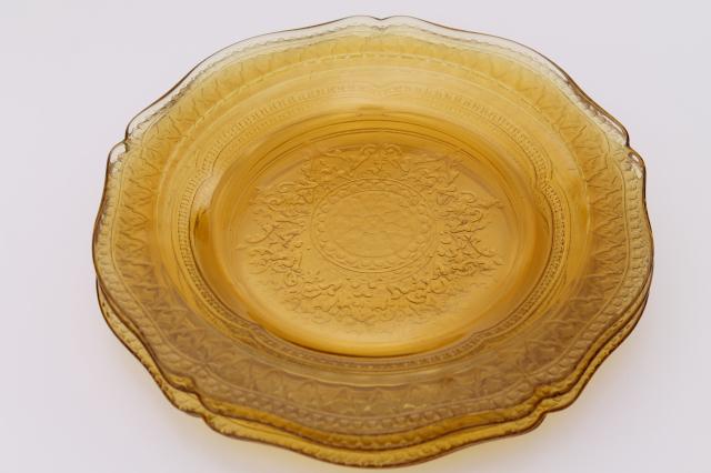photo of Madrid / Recollection pattern glass, amber yellow depression glass luncheon plates #6