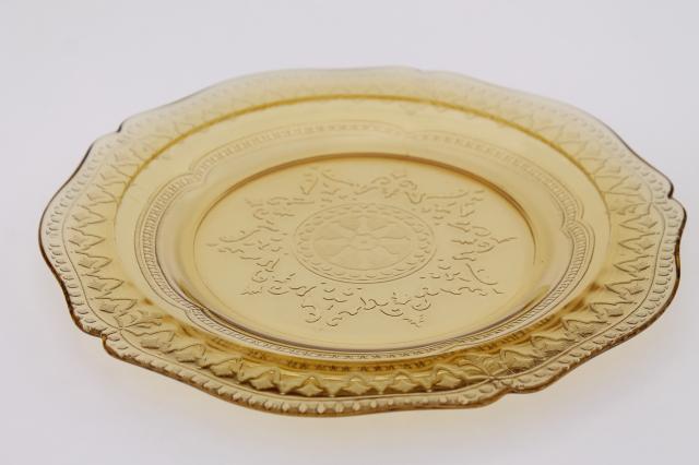 photo of Madrid / Recollection pattern glass, amber yellow depression glass luncheon plates #7