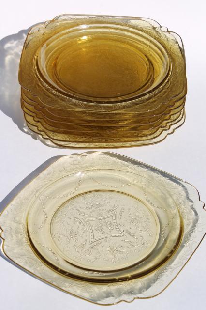 photo of Madrid / Recollection pattern glass, amber yellow depression glass luncheon plates #1