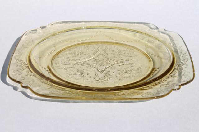 photo of Madrid / Recollection pattern glass, amber yellow depression glass luncheon plates #6