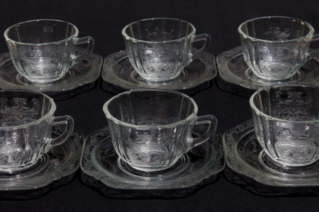 photo of Madrid / Recollection pattern vintage depression glass cups & saucers, crystal clear glass #2