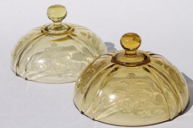 photo of Madrid / Recollection pattern yellow amber depression glass round butter dish dome covers #1