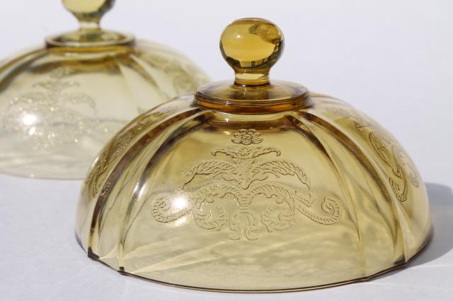 photo of Madrid / Recollection pattern yellow amber depression glass round butter dish dome covers #2