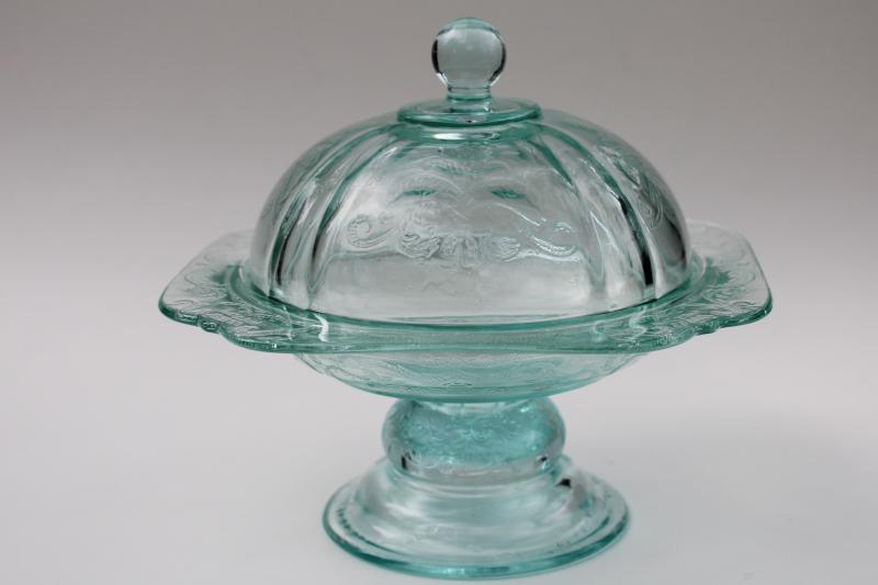 photo of Madrid Recollection sea green teal candy dish, vintage depression glass reproduction #1