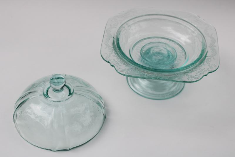 photo of Madrid Recollection sea green teal candy dish, vintage depression glass reproduction #2