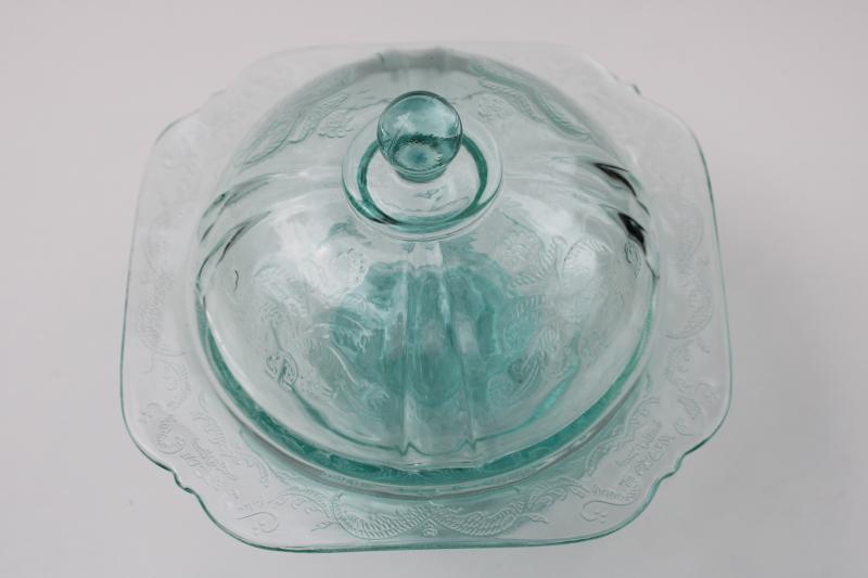 photo of Madrid Recollection sea green teal candy dish, vintage depression glass reproduction #6