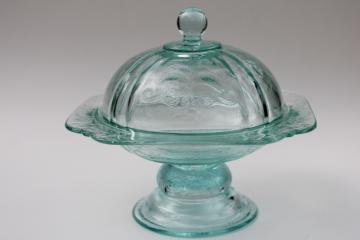 photo of Madrid Recollection sea green teal candy dish, vintage depression glass reproduction