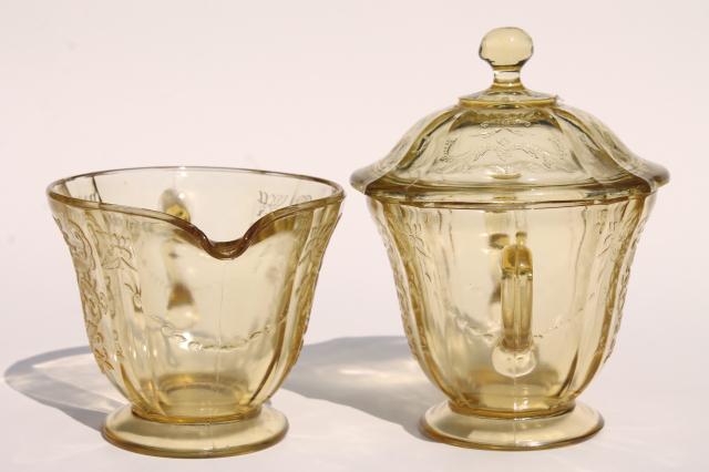 photo of Madrid amber yellow depression glass, vintage cream pitcher & sugar bowl set #2