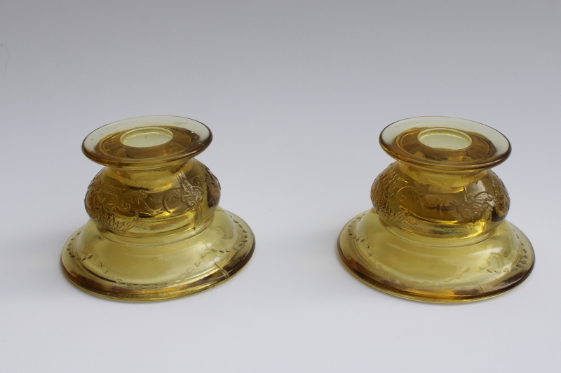 photo of Madrid pattern amber yellow depression glass, pair of candle holders, 1930s vintage #1