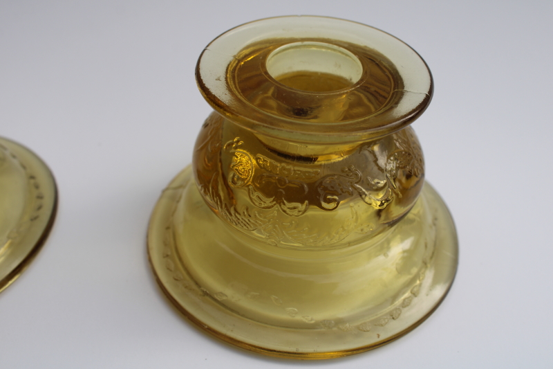 photo of Madrid pattern amber yellow depression glass, pair of candle holders, 1930s vintage #2