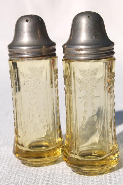 photo of Madrid pattern vintage depression glass salt & pepper shakers, amber yellow glass #1