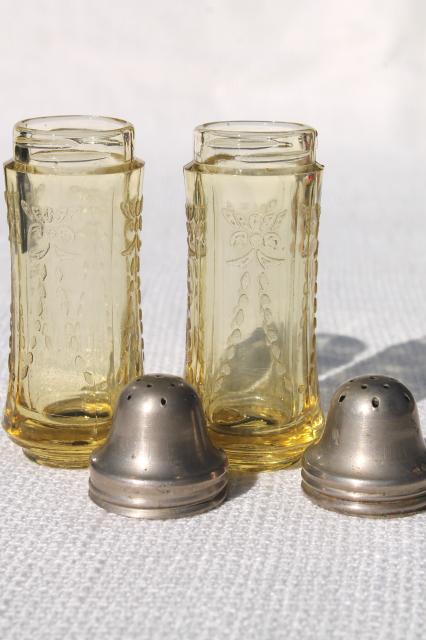 photo of Madrid pattern vintage depression glass salt & pepper shakers, amber yellow glass #3