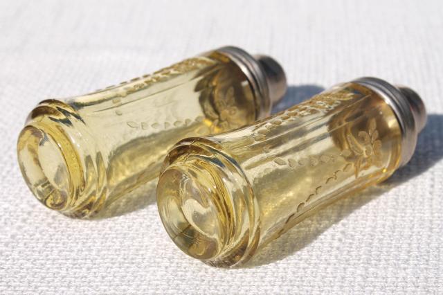 photo of Madrid pattern vintage depression glass salt & pepper shakers, amber yellow glass #5