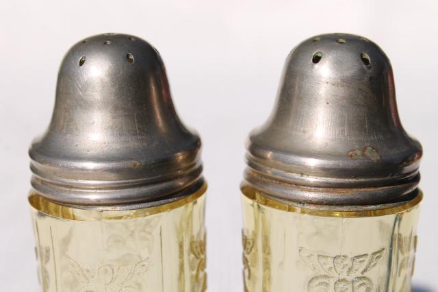 photo of Madrid pattern vintage depression glass salt & pepper shakers, amber yellow glass #7