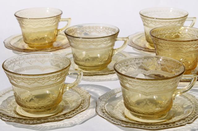 photo of Madrid pattern vintage yellow depression glass tea cups & saucers set of 6 #1